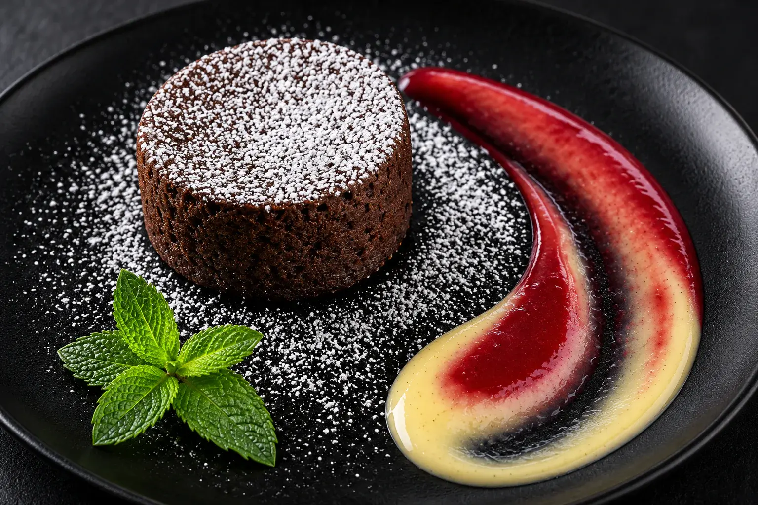 Čokoladni soufflé s sadno omako in meto