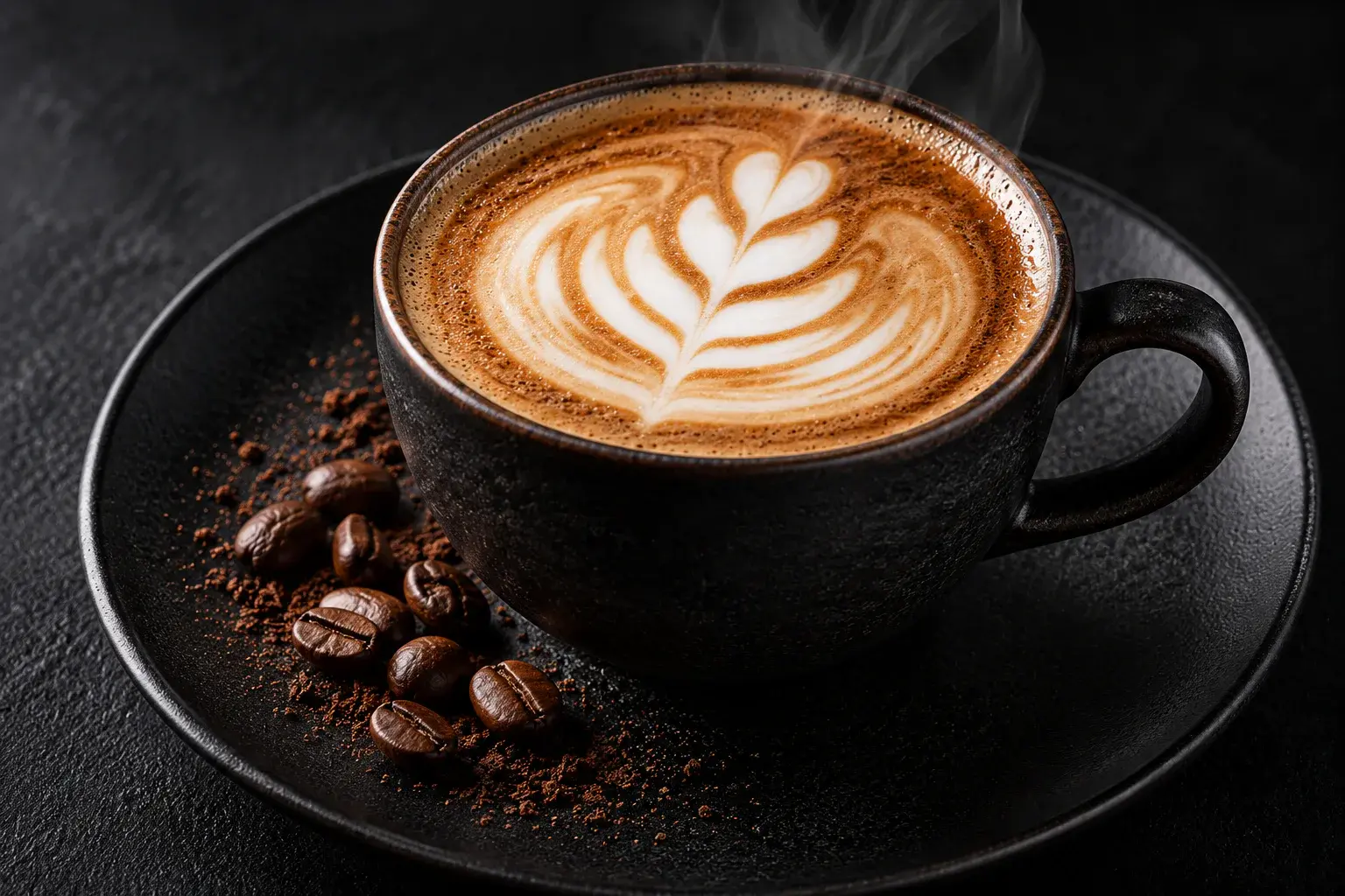 Topla kava z latte artom v črni skodelici