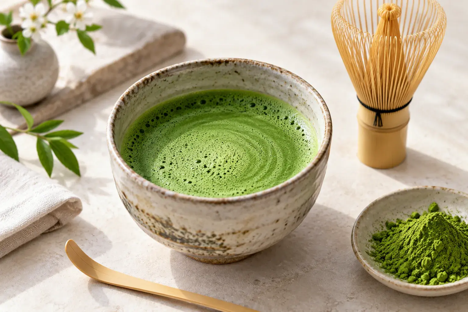 Sveže pripravljena matcha z bambusovo metlico